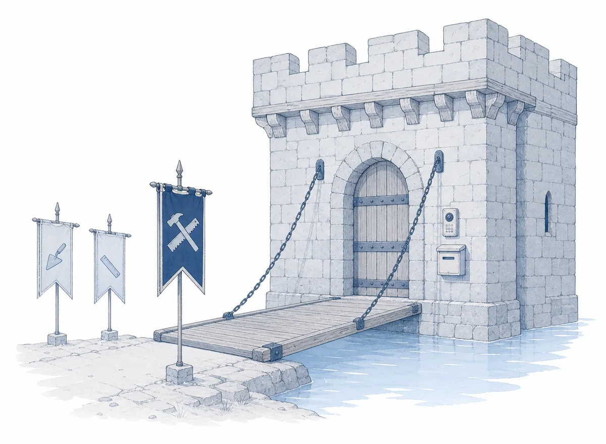 A castle drawbridge lowered to one company's flag only, with the others left on the far bank.