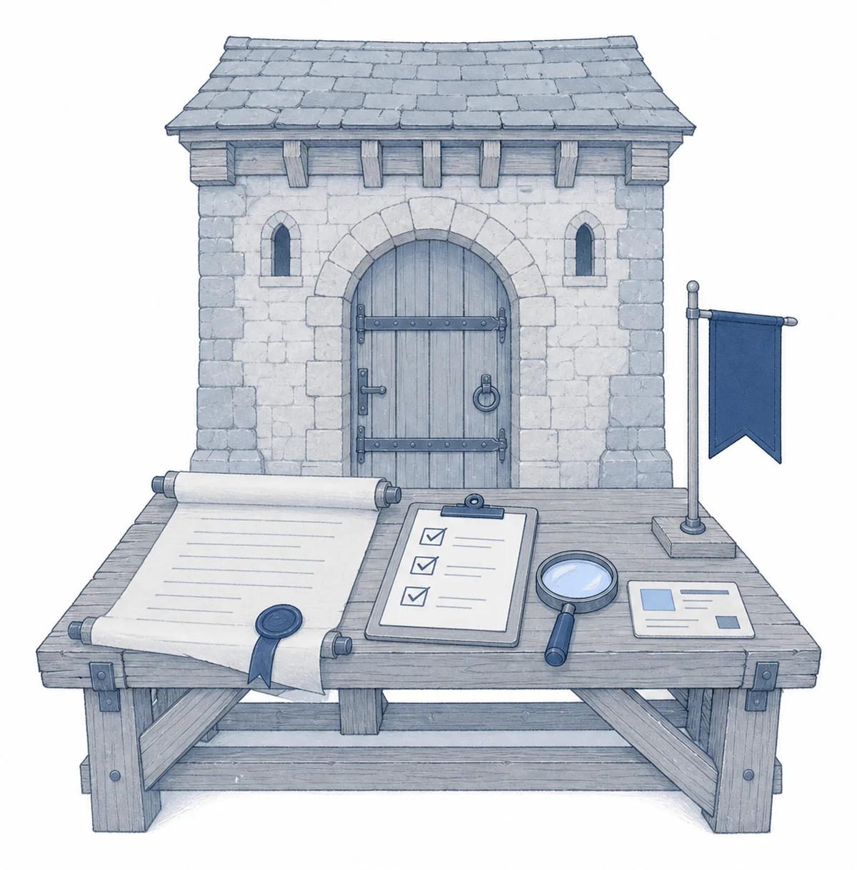 An inspection desk at a castle gate, with a company's papers, a checklist of three ticked checks and a magnifying glass.