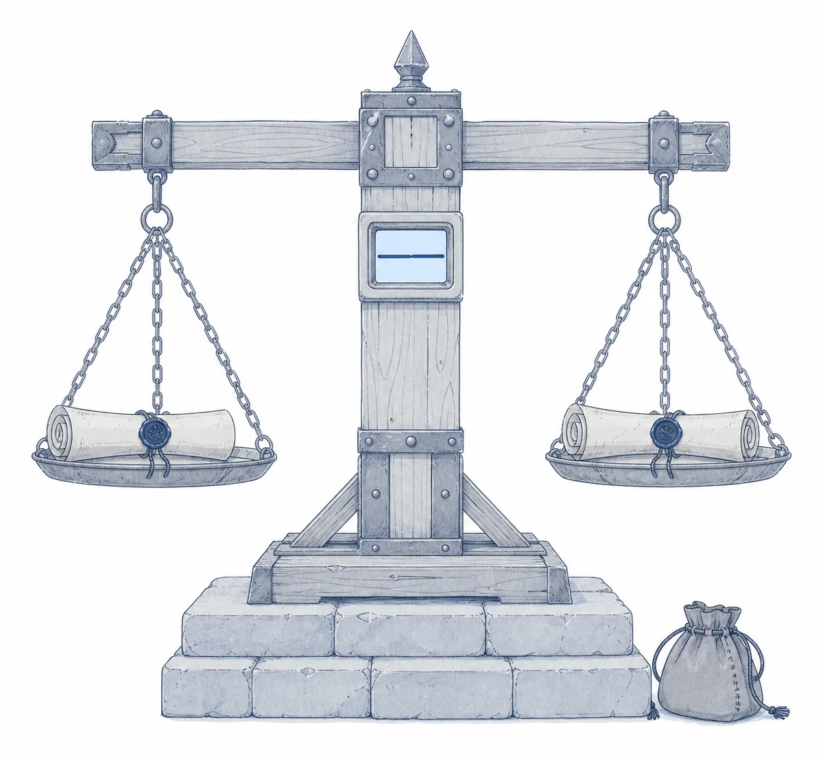 A level balance scale with one sealed estimate on each side, and a coin purse left on the ground, off the scale.