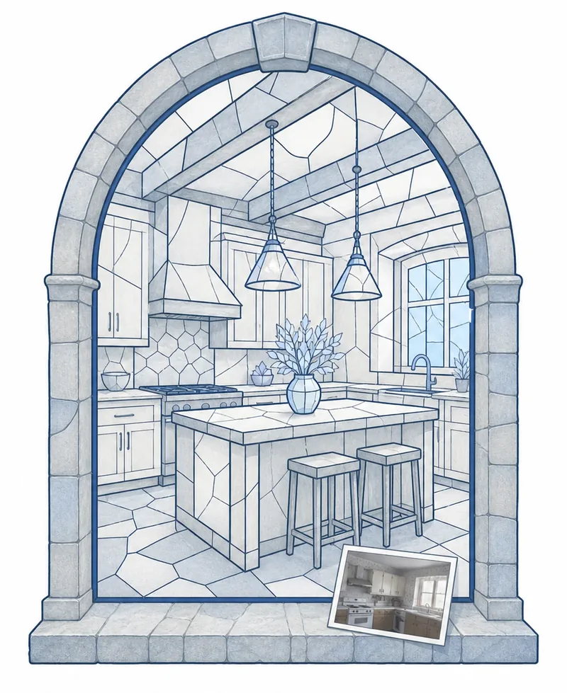 A stained-glass window showing a new kitchen, with a photo of the old kitchen on the sill below it.