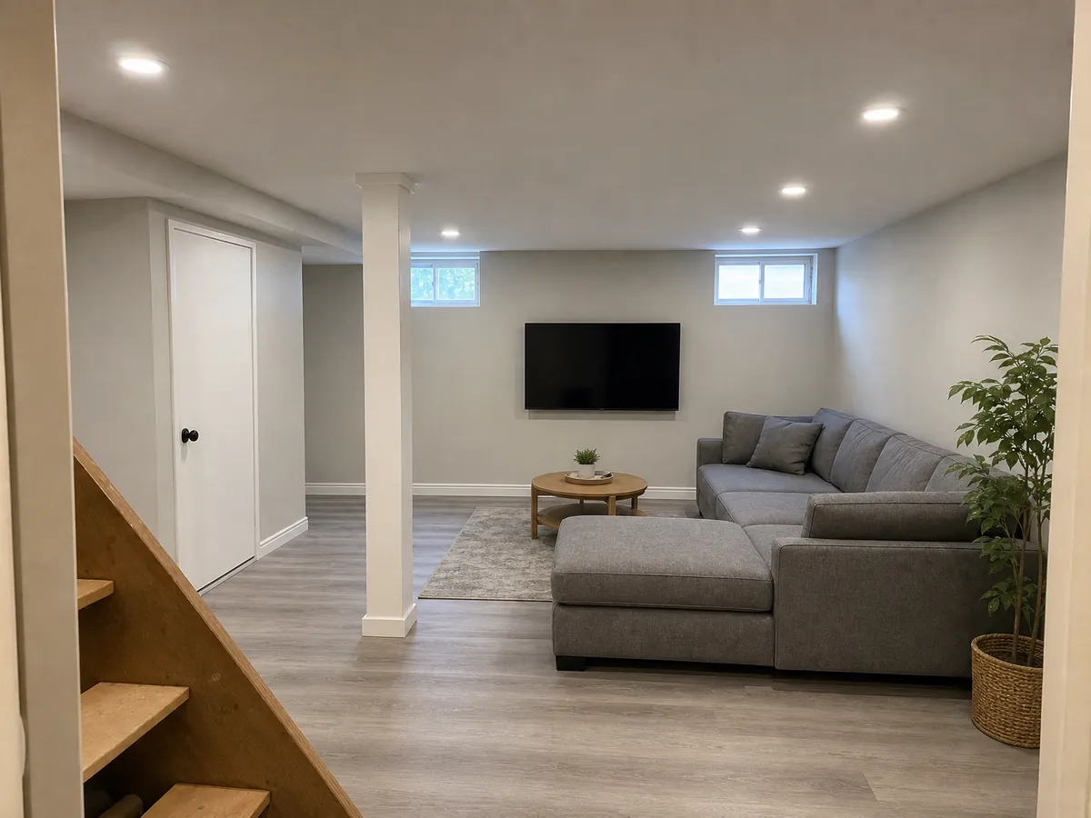 The same basement finished as a family room: light grey walls, a flat white ceiling with recessed lights, grey plank flooring, a boxed-in post, a grey sectional and a wall-mounted television
