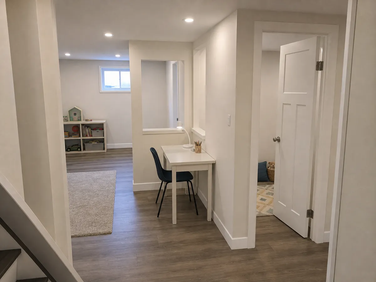 The same basement finished: the stud walls drywalled and painted warm white in the same positions, a recessed-lit ceiling, wood-look laminate flooring and a small desk and play area