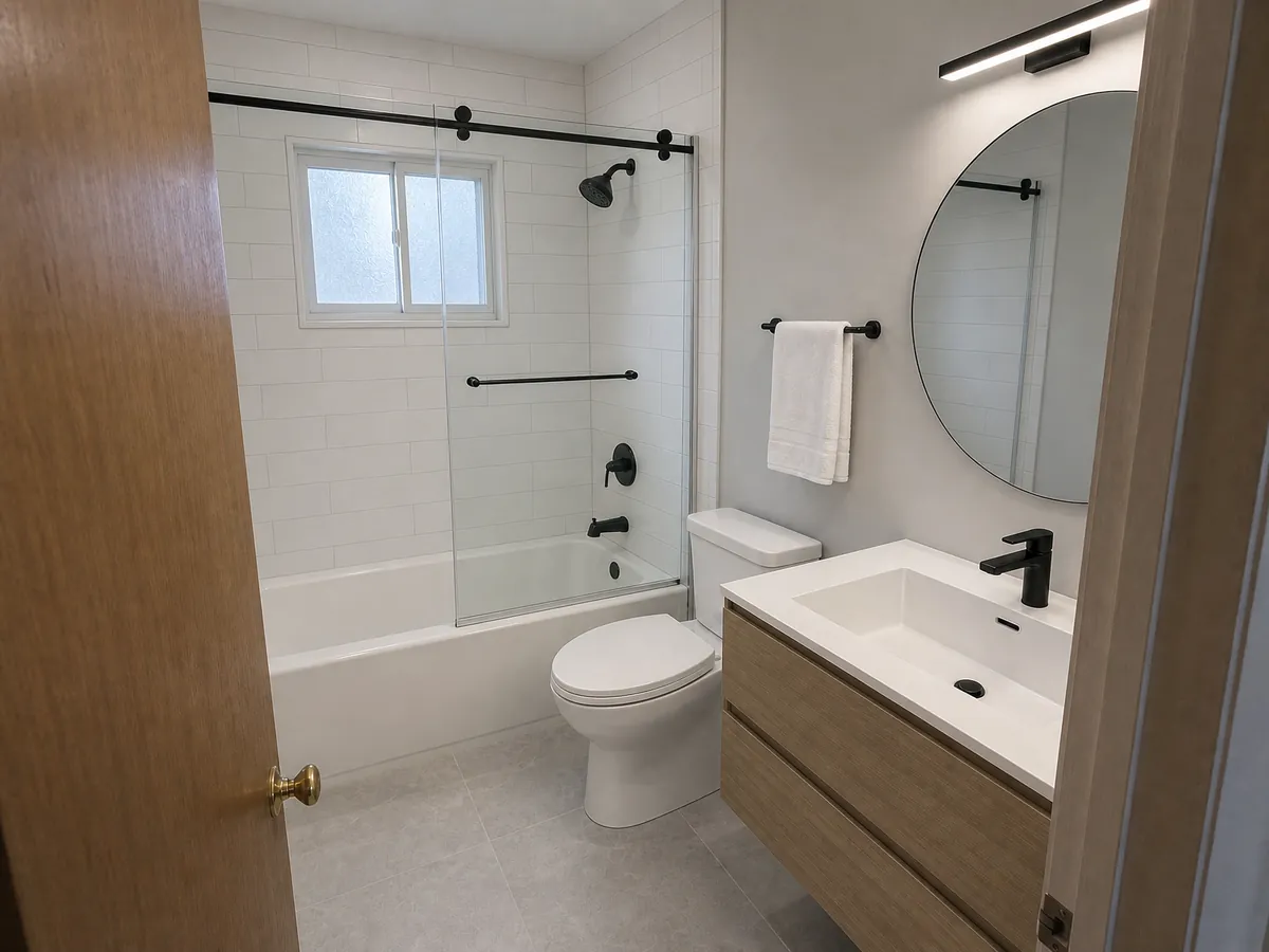 The same bathroom remodelled in a modern style: white rectangular tile to the ceiling, a glass shower screen on the tub, matte black fittings, a wall-hung wood-look vanity and a round mirror