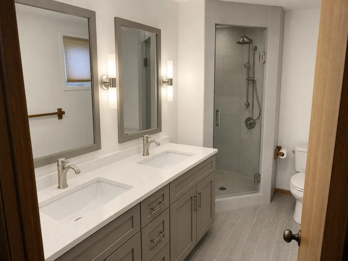 The same ensuite remodelled: a greige shaker double vanity with a white quartz-look top, two framed mirrors and sconces, and a retiled corner shower with a glass door