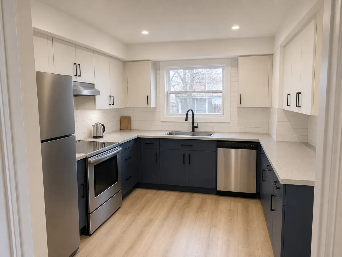 The same kitchen remodelled in a modern style: white upper cabinets, deep blue-grey lowers, matte black pulls, light grey counters, white subway tile and pale wood-look flooring