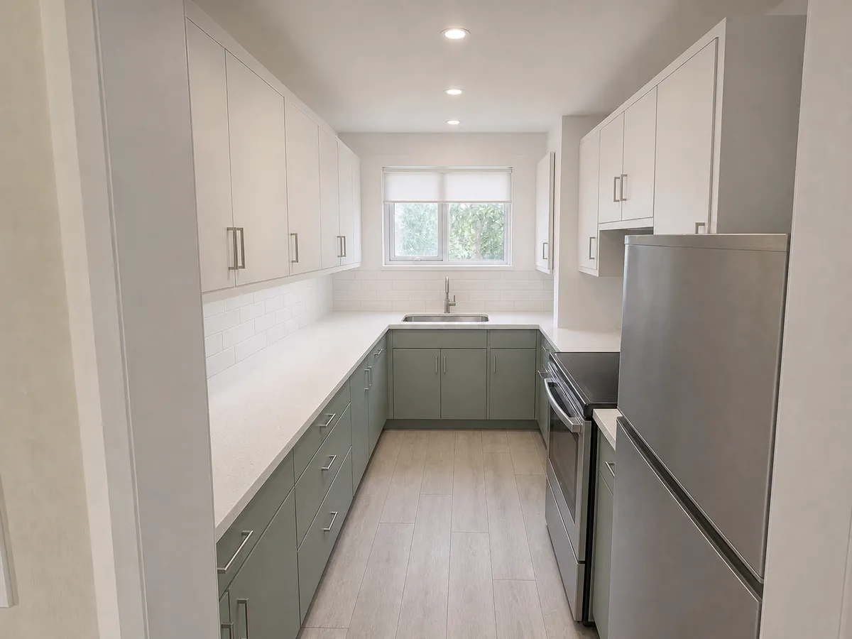The same galley kitchen remodelled: sage green base cabinets, warm white uppers, a white quartz-look counter, stacked white tile and grey wood-look plank flooring