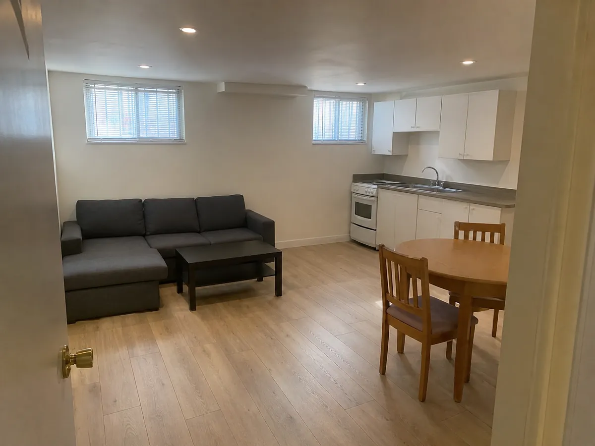 A finished basement suite: a small kitchenette along one wall, a grey sofa, a round dining table and two small high basement windows