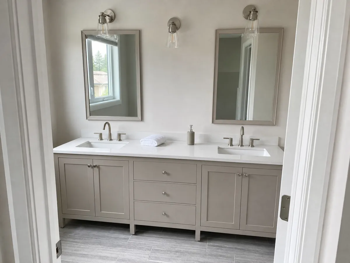 A finished double vanity in greige shaker cabinets with a white quartz-look top, two undermount basins, two framed mirrors and three sconces