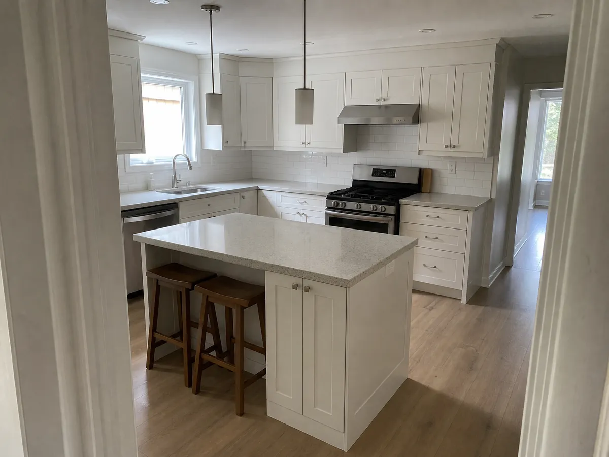 A finished kitchen with a modest white shaker island, a light speckled quartz-look top, two wooden stools and pendant lights above